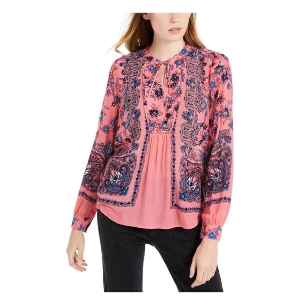 Lucky Brand Pink Paisley Boho Peasant Top Sz M